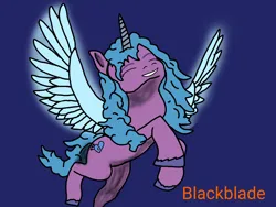 Size: 2048x1536 | Tagged: safe, artist:blackblade360, derpibooru import, izzy moonbow, alicorn, pony, unicorn, g5, alicornified, blue background, blue mane, blue tail, digital art, eyes closed, flying, glow, glowing wings, horn, ibispaint x, image, izzycorn, png, purple coat, race swap, raised leg, shading, signature, simple background, smiling, spread wings, tail, unshorn fetlocks, wings