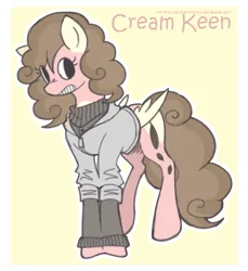 Size: 550x600 | Tagged: safe, artist:expectationemesis, derpibooru import, oc, oc:cream keen, unofficial characters only, pegasus, pony, brown mane, clothes, coat markings, colored lineart, curly mane, curly tail, female, folded wings, gritted teeth, hoodie, image, looking sideways, mare, nervous, outline, passepartout, pastel, pegasus oc, pink coat, png, redraw, simple background, solo, standing, sweater, tail, teeth, white outline, wings, yellow background