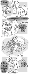 Size: 1621x4096 | Tagged: safe, artist:opalacorn, derpibooru import, oc, unofficial characters only, earth pony, pony, unicorn, angry, bushy tail, comic, cross-popping veins, dialogue, emanata, female, food, french fries, grayscale, horn, image, jpeg, male, mare, mcdonald's, monochrome, mouth hold, open mouth, simple background, stallion, sweat, sweatdrop, tail, trio, white background, yelling