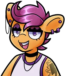 Size: 3176x3715 | Tagged: safe, artist:partypievt, derpibooru import, scootaloo, anthro, pegasus, pony, choker, clothes, ear piercing, earring, eyeshadow, image, jewelry, looking at you, makeup, piercing, png, singlet, sleeveless, solo, tanktop, tattoo, wifebeater