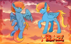 Size: 1920x1200 | Tagged: safe, artist:icy_passio, derpibooru import, oc, oc:blazarius, pegasus, pony, character design, fiery mane, green eyes, image, male, pegasus oc, png, wings