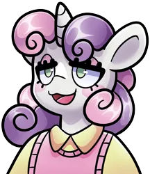 Size: 3229x3739 | Tagged: safe, artist:partypievt, derpibooru import, sweetie belle, anthro, pony, unicorn, :3, blushing, clothes, collared shirt, eyeshadow, horn, image, makeup, open mouth, png, shirt, simple background, solo, transparent background, vest