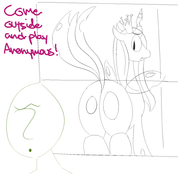 Size: 716x697 | Tagged: suggestive, artist:anonymous, queen chrysalis, oc, oc:anon, changeling, changeling queen, human, /mlp/, 4chan, against glass, bugbutt, butt, dialogue, drawthread, female, frown, glass, image, looking at someone, male, png, simple background, slit eyes, white background, window