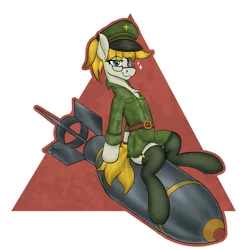 Size: 1483x1503 | Tagged: safe, artist:gantarts, derpibooru import, oc, oc:nazaretta, unofficial characters only, earth pony, pony, abstract background, belt, bomb, clothes, female, glasses, image, looking at you, mare, military uniform, pinup, png, riding a bomb, simple background, sitting, smiling, smirk, socks, stockings, thigh highs, transparent background, triangle, uniform, uniform hat, weapon