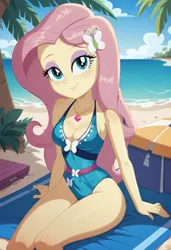 Size: 1664x2432 | Tagged: safe, ai content, derpibooru import, machine learning generated, prompter:kimberlite, stable diffusion, fluttershy, human, equestria girls, g4, bare shoulders, beach, breasts, busty fluttershy, clothes, female, generator:pony diffusion v6 xl, image, looking at you, ocean, one-piece swimsuit, outdoors, palm, palm tree, palms, png, sleeveless, smiling, smiling at you, solo, solo female, swimsuit, tree, water