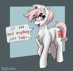 Size: 1885x1840 | Tagged: safe, artist:reddthebat, derpibooru import, nurse redheart, earth pony, pony, g4, blue background, chest fluff, dark blue background, dialogue, eyebrows, eyebrows visible through hair, female, image, jpeg, looking at you, mare, open mouth, open smile, passepartout, signature, simple background, smiling, smiling at you, solo, speech bubble, y'all