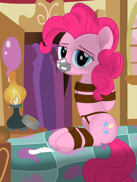 Size: 2200x2905 | Tagged: safe, artist:cardshark777, derpibooru import, pinkie pie, earth pony, pony, g4, my little pony: the movie, alone, balloon, bed, bondage, bound and gagged, closet, clothes, crotch rope, duct tape, feather, female, femsub, gag, head tilt, helpless, hooves behind back, image, lamp, lidded eyes, looking at you, mare, pinkie's bedroom, pinkiesub, png, rope, rope bondage, shading, sitting, solo, submissive, table, tape, tape gag, tied up, window