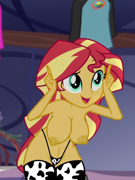 Size: 809x1079 | Tagged: questionable, artist:fishsandwich, edit, edited screencap, ponerpics import, screencap, sunset shimmer, equestria girls, legend of everfree, breast edit, breasts, busty sunset shimmer, clothes, cowprint, cropped, female, hair, image, jpeg, multicolored hair, nipples, nudity, partial nudity, sexy, show accurate, show accurate porn, socks, stockings, stupid sexy sunset shimmer, sunset shimmoo, thigh highs, topless