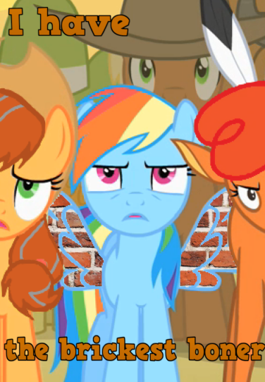 Size: 376x542 | Tagged: suggestive, derpibooru import, edit, edited screencap, screencap, applejack, little strongheart, rainbow dash, buffalo, earth pony, pegasus, pony, g4, over a barrel, appleloosa, appleloosa resident, brick booty, bricks, caption, cropped, female, forced meme, i have the weirdest boner, image, male, mare, meme, png, recolor, spread wings, stallion, text, wingboner, wings