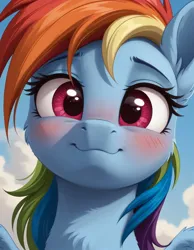 Size: 1120x1440 | Tagged: safe, ai content, derpibooru import, machine learning generated, prompter:ramprover, stable diffusion, rainbow dash, pegasus, pony, g4, blushing, bust, chest fluff, cute, daaaaaaaaaaaw, ear fluff, female, generator:pony diffusion v6 xl, head tilt, image, jpeg, looking at you, mare, smiling, smiling at you, solo