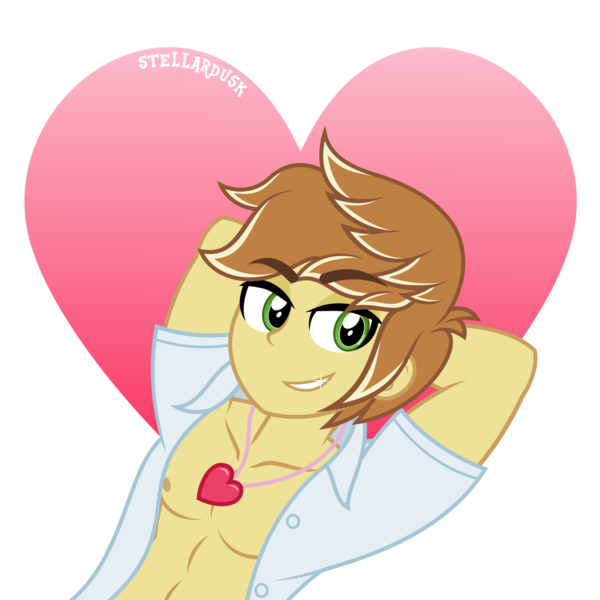 Size: 1701x1701 | Tagged: safe, artist:stellardusk, derpibooru import, feather bangs, equestria girls, g4, abs, arm behind head, bedroom eyes, brown hair, clothes, commission, eyebrows, eyebrows visible through hair, gradient background, green eyes, heart, heart background, heart necklace, image, jewelry, looking at you, male, male nipples, necklace, nipples, nudity, open clothes, open shirt, outline, pecs, png, shiny teeth, show accurate, signature, simple background, smiling, solo, teeth, transparent background, unbuttoned, upper body, vector, white outline, white shirt, yellow skin