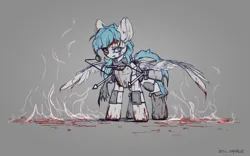 Size: 1600x1000 | Tagged: semi-grimdark, artist:zylgchs, derpibooru import, oc, oc:cynosura, unofficial characters only, pegasus, fallout equestria, armor, battle saddle, blood, clothes, crying, fire, image, png, scarf, simple background, solo, weapon