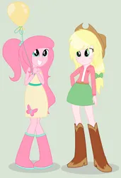 Size: 2592x3792 | Tagged: safe, artist:ponyportal, derpibooru import, oc, oc:applefluff, oc:flutter free, unofficial characters only, human, equestria girls, g4, 2015, balloon, boots, clothes, cowboy hat, duo, duo female, equestria girls oc, equestria girls-ified, female, freckles, green background, grin, hat, high heel boots, image, jacket, magical lesbian spawn, offspring, old art, png, shirt, shoes, simple background, skirt, smiling, vest