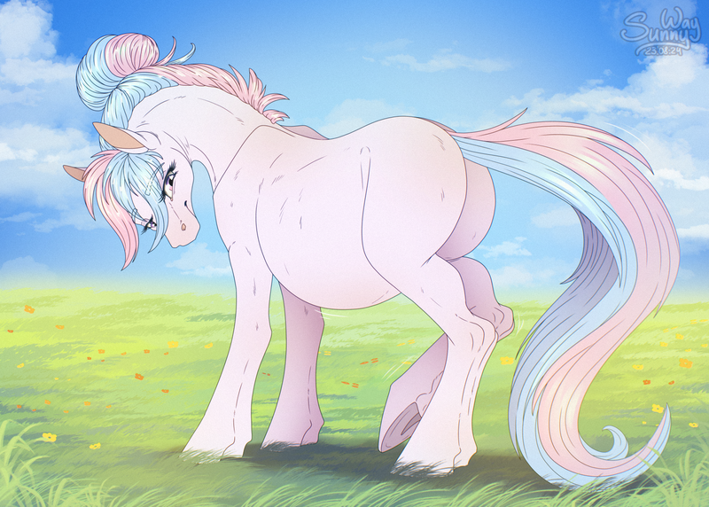 Size: 1600x1143 | Tagged: source needed, safe, artist:sunny way, derpibooru import, oc, oc:bundle joy, cloud, emanata, field, image, looking at self, looking at someone, looking back, missing cutie mark, png, pregnant