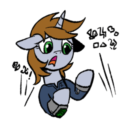 Size: 643x617 | Tagged: safe, artist:brella, derpibooru import, oc, oc:littlepip, pony, unicorn, fallout equestria, bust, female, gif, horn, image, mare, open mouth, outline, pipbuck, portrait, simple background, solo, transparent background, white outline