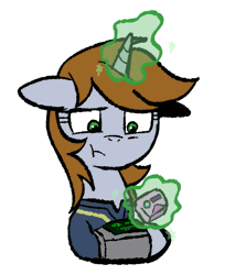 Size: 461x566 | Tagged: safe, artist:brella, derpibooru import, oc, oc:littlepip, pony, unicorn, fallout equestria, :t, bust, female, gif, horn, image, magic, mare, outline, pipbuck, portrait, simple background, solo, telekinesis, transparent background, white outline