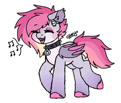 Size: 787x671 | Tagged: safe, artist:smol_boo, derpibooru import, oc, unofficial characters only, bat pony, pony, collar, cute, cute little fangs, ear fluff, ear piercing, earring, eyebrows, eyebrows visible through hair, eyes closed, fangs, female, freckles, happy, image, jewelry, mare, music notes, piercing, png, singing, solo