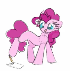 Size: 1369x1413 | Tagged: safe, artist:littleblackraencloud, derpibooru import, pinkie pie, earth pony, pony, g4, concentrating, drawing, female, image, jpeg, magnetic hooves, mare, paper, pencil, simple background, sketch, solo, white background