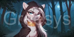 Size: 2400x1200 | Tagged: safe, ai content, derpibooru import, machine learning generated, prompter:greesys, zecora, pony, zebra, bust, forest, hood, image, looking at you, nature, night, png, portrait, solo, tree