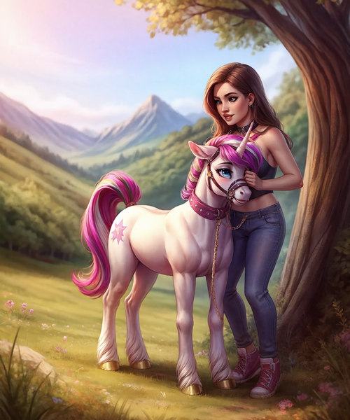 Size: 1280x1536 | Tagged: safe, ai content, derpibooru import, machine learning generated, oc, unofficial characters only, human, pony, unicorn, bridle, clothes, collar, denim, duo, duo female, female, femsub, horn, human and pony, human on pony action, image, interspecies, jeans, mountain, outdoors, pants, pink mane, pink tail, png, prompter:mechanic31, sky, standing, submissive, tack, tail, tree, unshorn fetlocks, white body