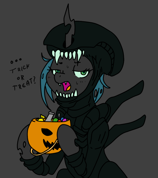 Size: 800x900 | Tagged: safe, artist:anonymous, colorist:anonymous, queen chrysalis, alien, changeling, changeling queen, xenomorph, /mlp/, 4chan, alien (franchise), candy, clothes, colored, costume, dialogue, drawthread, fangs, female, flat colors, food, gray background, halloween, halloween costume, holiday, hoof hold, image, lidded eyes, open mouth, png, pumpkin bucket, queen chrysalis is not amused, simple background, solo, sweat, trick or treat, unamused