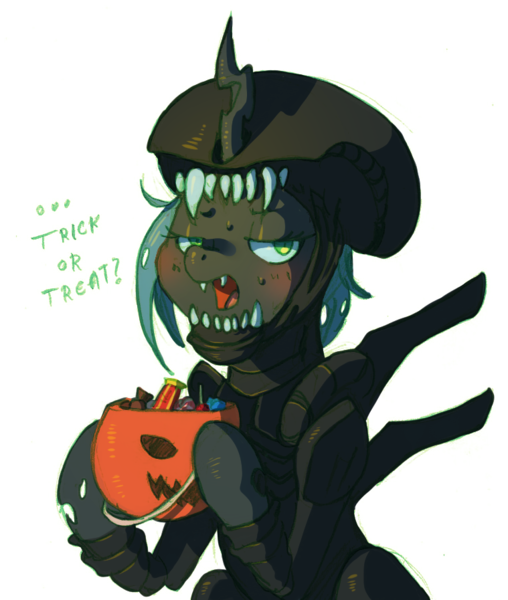 Size: 759x897 | Tagged: safe, artist:anonymous, colorist:kecha, queen chrysalis, alien, changeling, changeling queen, xenomorph, /mlp/, 4chan, alien (franchise), candy, clothes, costume, dialogue, drawthread, fangs, female, food, halloween, halloween costume, holiday, hoof hold, image, lidded eyes, open mouth, png, pumpkin bucket, queen chrysalis is not amused, solo, sweat, trick or treat, unamused