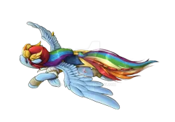 Size: 1280x889 | Tagged: safe, artist:emmaneiac, derpibooru import, rainbow dash, pegasus, pony, g4, deviantart watermark, female, flying, image, mare, obtrusive watermark, png, simple background, solo, spread wings, transparent background, watermark, wind, windswept mane, wings