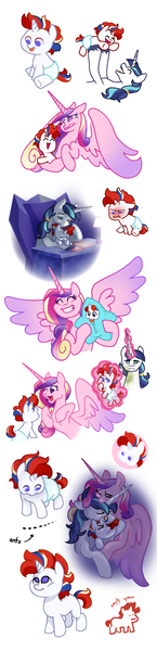 Size: 1400x5800 | Tagged: safe, artist:cloud-roots, derpibooru import, princess cadance, shining armor, oc, oc:prince scarlet heart, alicorn, pony, unicorn, g4, baby, baby pony, colt, family, female, foal, group hug, holding a pony, horn, hug, image, levitation, magic, male, mare, offspring, parent:princess cadance, parent:shining armor, parents:shiningcadance, png, ship:shiningcadance, shipping, simple background, spit up, spread wings, stallion, straight, telekinesis, tongue out, white background, wings