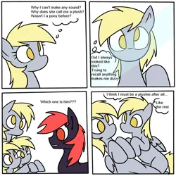 Size: 2000x2000 | Tagged: safe, artist:742, derpibooru import, derpy hooves, oc, oc:tom, earth pony, pegasus, pony, g4, clothes, comic, image, masking, mind wipe, mirror, png, ponysuit, speech bubble, suit, thought bubble, thoughts