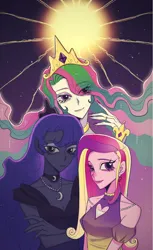 Size: 1910x3124 | Tagged: safe, artist:nimingxiwang168, derpibooru import, princess cadance, princess celestia, princess luna, human, equestria girls, g4, alicorn triarchy, clothes, dress, female, heart, heart eyes, image, looking at you, night, png, royal sisters, siblings, sisters, smiling, wingding eyes