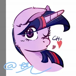 Size: 1239x1239 | Tagged: safe, artist:bluestarpipixing, derpibooru import, twilight sparkle, pony, unicorn, blowing a kiss, bust, chu, female, heart, horn, image, jpeg, mare, one eye closed, portrait, solo