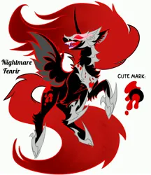 Size: 3456x4005 | Tagged: safe, artist:r-cang, derpibooru import, oc, oc:nightmare fenrir, alicorn, pony, glow, glowing eyes, image, jpeg, not nightmare moon, open mouth, open smile, red eyes, sharp teeth, simple background, smiling, solo, teeth, white background