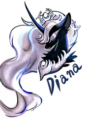 Size: 2480x3508 | Tagged: safe, artist:r-cang, derpibooru import, oc, oc:diana, unofficial characters only, pony, unicorn, black coat, bust, horn, image, jewelry, jpeg, necklace, not luna, simple background, solo, white background