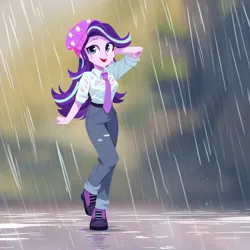 Size: 1024x1024 | Tagged: safe, ai content, derpibooru import, machine learning generated, prompter:jesterofdestiny, stable diffusion, starlight glimmer, equestria girls, g4, beanie, clothes, generator:pony diffusion v6 xl, generator:purplesmart.ai, hat, image, looking at you, necktie, open mouth, open smile, pants, png, rain, ripped pants, shirt, shoes, smiling, solo, torn clothes, wet clothes, wet hair