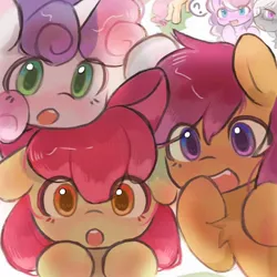 Size: 1080x1080 | Tagged: safe, artist:xinjinjumin239813620360, derpibooru import, apple bloom, diamond tiara, scootaloo, silver spoon, sweetie belle, earth pony, pegasus, pony, unicorn, adorabloom, crusaderbetes, cute, cutealoo, cutie mark crusaders, diasweetes, female, filly, foal, horn, image, jpeg, looking at you, open mouth, question mark, simple background, speech bubble, white background