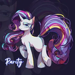 Size: 2048x2048 | Tagged: safe, artist:tkotu434, derpibooru import, rarity, pony, unicorn, abstract background, female, horn, image, mare, png, rainbow power, raised hoof, solo, text