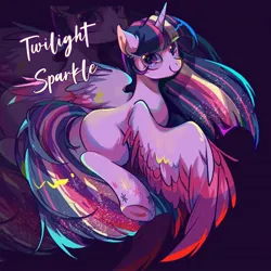 Size: 1080x1080 | Tagged: safe, artist:tkotu434, derpibooru import, twilight sparkle, twilight sparkle (alicorn), alicorn, pony, abstract background, female, image, jpeg, mare, rainbow power, solo, spread wings, text, wings