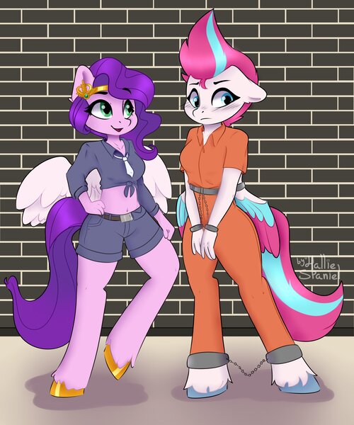 Size: 2500x3000 | Tagged: safe, artist:hallie_spaniel, derpibooru import, pipp petals, zipp storm, anthro, unguligrade anthro, g5, belly, belly button, bound wings, brick wall, clothes, commissioner:rainbowdash69, cuffs, front knot midriff, image, jpeg, midriff, never doubt rainbowdash69's involvement, police uniform, prison outfit, prisoner, prisoner zipp, shackles, wing cuffs, wings