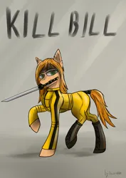 Size: 2150x3035 | Tagged: safe, alternate version, artist:kirieshka, derpibooru import, earth pony, pony, boots, clothes, costume, image, katana, kill bill, png, shoes, suit, sword, title, weapon