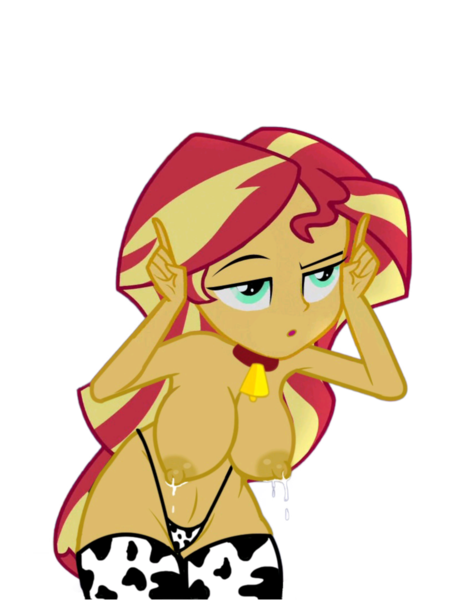 Size: 810x1080 | Tagged: questionable, artist:fishsandwich, artist:laszlvfx, edit, ponerpics import, vector edit, sunset shimmer, cow, equestria girls, legend of everfree, bell, bell collar, breast edit, breast milk, breasts, busty sunset shimmer, clothes, collar, cowbell, cowprint, female, hair, horns, horny, image, lactation, milk, multicolored hair, nipples, nude edit, nudity, partial nudity, png, sexy, simple background, socks, stockings, stupid sexy sunset shimmer, sunset shimmoo, thigh highs, topless, transparent background, vector