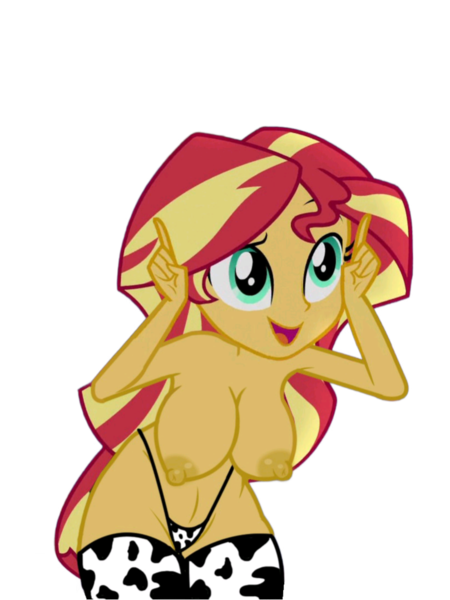 Size: 809x1079 | Tagged: questionable, artist:fishsandwich, artist:laszlvfx, edit, ponerpics import, vector edit, sunset shimmer, equestria girls, legend of everfree, breast edit, breasts, busty sunset shimmer, clothes, cowprint, female, hair, image, multicolored hair, nipples, nudity, partial nudity, png, sexy, simple background, socks, stockings, stupid sexy sunset shimmer, sunset shimmoo, thigh highs, topless, transparent background, vector