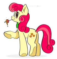 Size: 1368x1420 | Tagged: safe, artist:spookyfoxinc, derpibooru import, apple bumpkin, earth pony, g4, apple, apple family member, bandana, food, image, jpeg, looking back, simple background, solo, white background