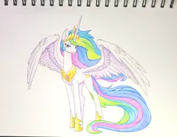 Size: 2859x2217 | Tagged: safe, artist:sierraex, derpibooru import, princess celestia, alicorn, pony, g4, colored pencil drawing, crown, female, high res, hoof shoes, image, jewelry, mare, peytral, photo, png, princess shoes, regalia, simple background, sketchpad, solo, spread wings, traditional art, white background, wings