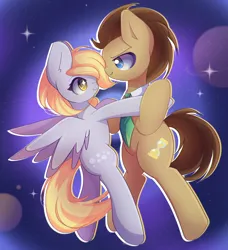 Size: 2600x2850 | Tagged: safe, artist:miryelis, derpibooru import, derpy hooves, doctor whooves, time turner, earth pony, pegasus, pony, g4, background pony, clothes, cute, duo, duo male and female, female, full body, holding hooves, image, looking at each other, looking at someone, male, png, ship:doctorderpy, shipping, smiling, space, sparkles, spread wings, straight, wings