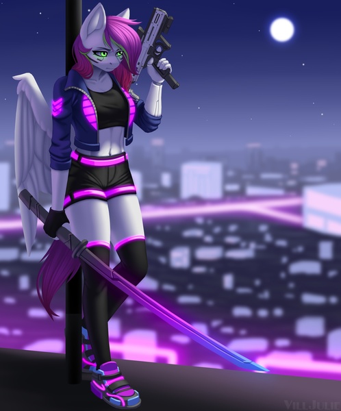 Size: 1700x2050 | Tagged: safe, artist:villjulie, derpibooru import, oc, oc:ellie berryheart, anthro, pegasus, city, clothes, cyberpunk, female, green eyes, gun, image, implants, jacket, jpeg, katana, light, moon, neon, night, roof, serious, shoes, shorts, sneakers, solo, stars, sword, weapon, white wings, wings