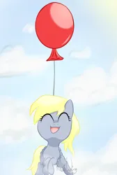 Size: 992x1480 | Tagged: safe, artist:flutterbug18, derpibooru import, derpy hooves, pegasus, pony, g4, balloon, cloud, cute, derpabetes, eyes closed, female, flying, image, mare, open mouth, open smile, png, sky, smiling, solo