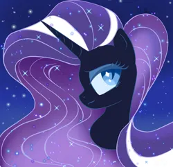 Size: 1280x1236 | Tagged: safe, artist:flutterbug18, derpibooru import, nightmare rarity, pony, unicorn, g4, blue eyes, bust, colored pupils, cute, ethereal mane, eyelashes, female, flowing mane, happy, horn, image, jpeg, lidded eyes, looking at you, mare, portrait, purple mane, smiling, smiling at you, solo, sparkles, starry mane, starry night, stars