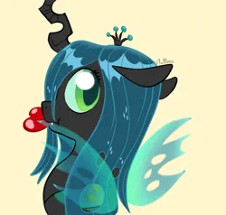 Size: 1280x1221 | Tagged: safe, artist:flutterbug18, derpibooru import, queen chrysalis, changeling, changeling queen, g4, bust, changeling feeding, chibi, cute, cute little fangs, cutealis, fangs, female, floppy ears, heart, image, jpeg, looking at you, looking back, looking back at you, portrait, simple background, solo, spread wings, wings