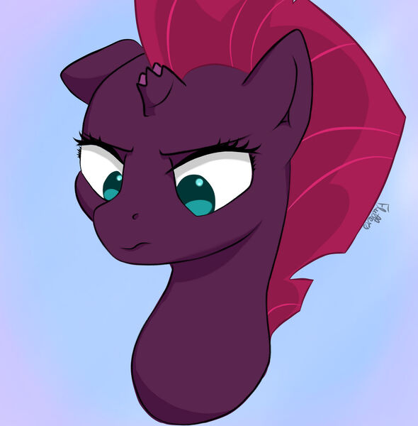 Size: 1280x1301 | Tagged: safe, artist:flutterbug18, derpibooru import, tempest shadow, pony, unicorn, g4, broken horn, bust, female, floppy ears, frown, horn, image, jpeg, mare, portrait, simple background, solo