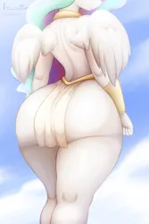 Size: 3200x4800 | Tagged: suggestive, artist:azuretto, derpibooru import, princess celestia, alicorn, anthro, g4, ass, butt, butt focus, clothes, cloud, female, image, large butt, loincloth, no tail, png, skimpy outfit, sky, solo, solo female, sunbutt, the ass was fat, wide hips, wings